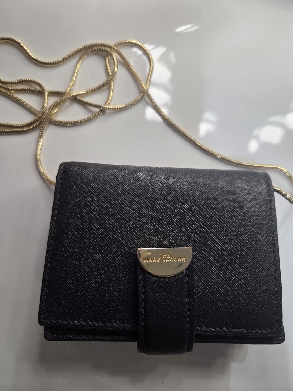 Marc Jacobs Black Saffiano Leather Crossbody Wallet with Gold Chain